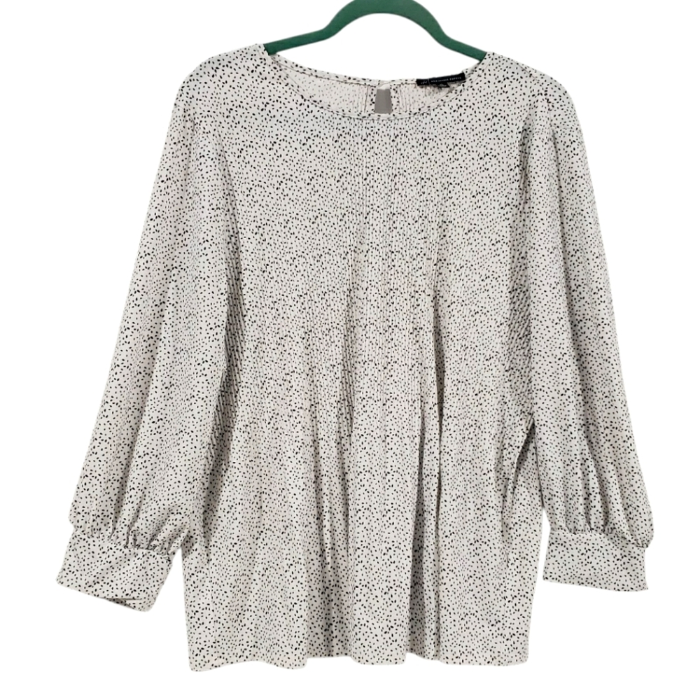 ADRIANNA PAPELL Womens White Black Speckled Pleated 3/4 Sleeve Blouse Size XL